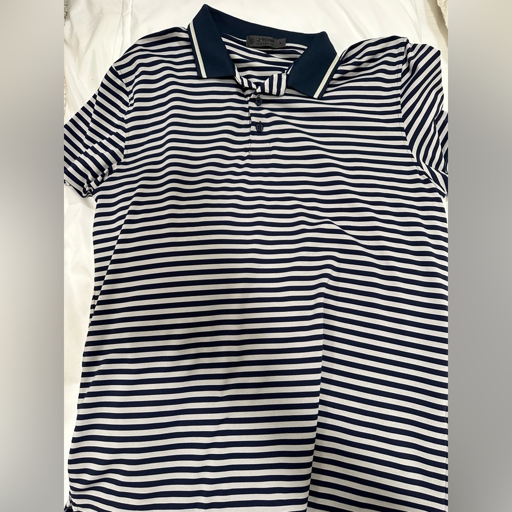 G/FORE Navy and grey Striped Jersey polo. Size large
